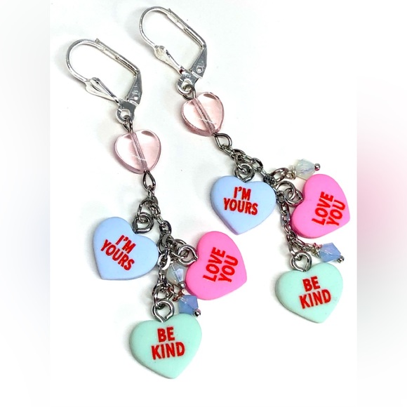 Valentine’s Day Conversation “Candy” Heart Love Charm Cluster Leverback Earrings - Picture 1 of 4
